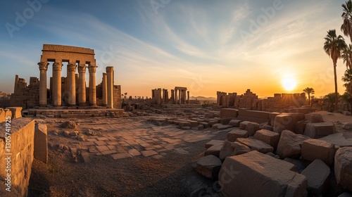 Sunrise over ancient temple ruins, columns, stones, and palm trees.