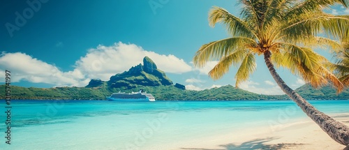 Idyllic tropical beach scene with a cruise ship in the distance and a palm tree in the foreground.