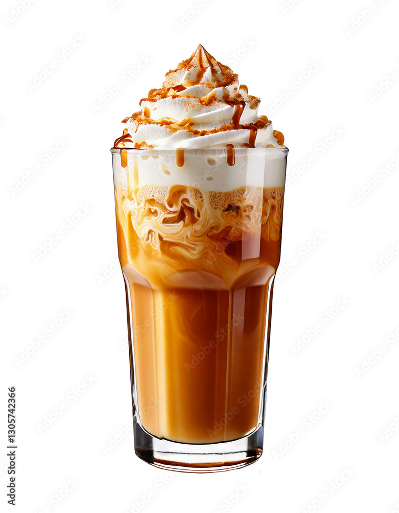 tall glass of iced milk coffee topped with whipped cream and caramel drizzle