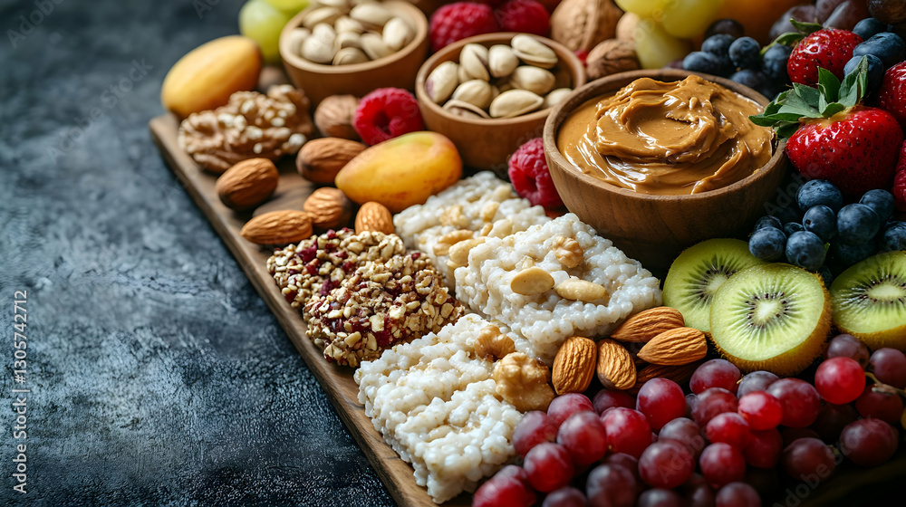 Assortment Of Healthy Snacks On Wooden Tray