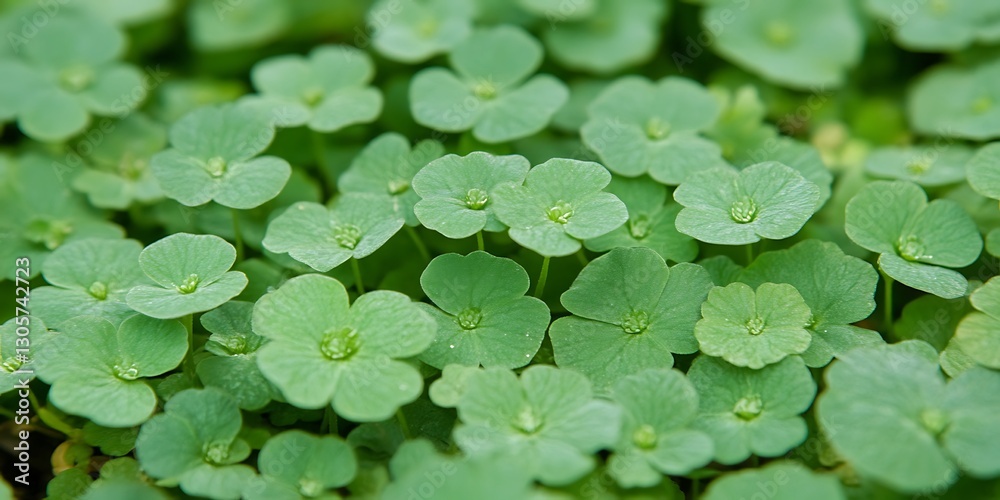 Close-up view of fresh green water pennywort leaves creating textured carpet Close-up view of fresh green water pennywort leaves creating textured carpet