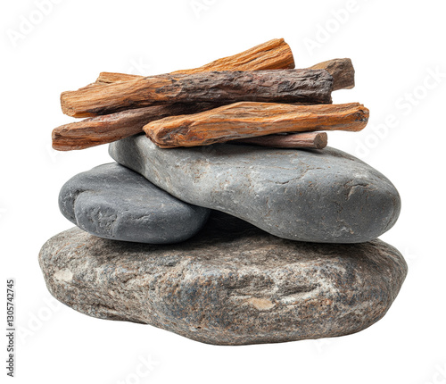 Nature's balance stacked stones and wood arrangement still life natural elements isolated on transparent background photo