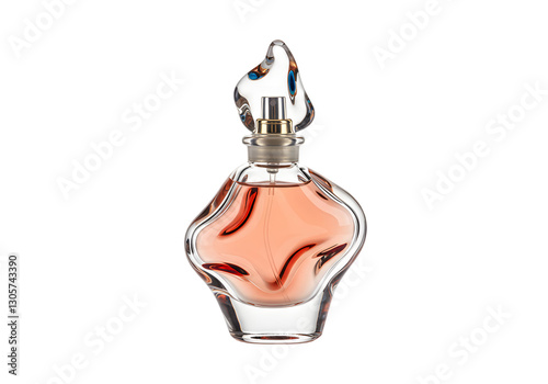 Elegant glass perfume bottle with unique flame-shaped cap displaying soft pink fragrance in luxurious design