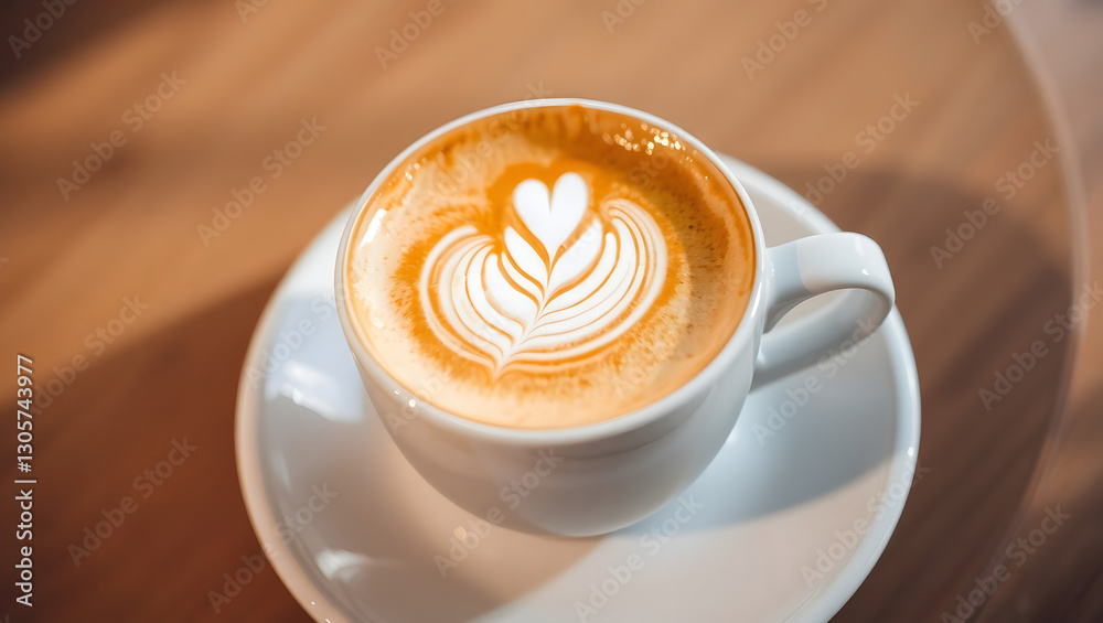 a cup of fresh latte with delicate latte art on a wooden table, creating a delightful scene a cup of fresh latte with delicate latte art on a wooden table, creating a delightful scene