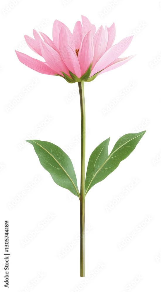 Pink flower on a stem with green leaves, botanical illustration. Nature and beauty concept Pink flower on a stem with green leaves, botanical illustration. Nature and beauty concept