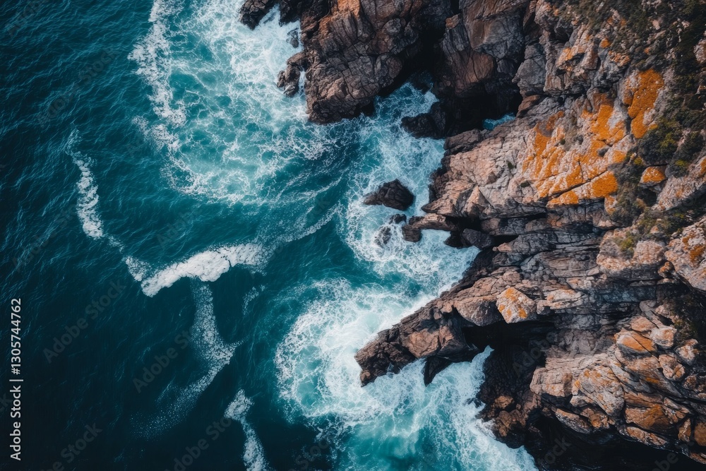 Obraz premium Aerial view of rugged coastline with ocean waves powerfully hitting the rocky shoreline