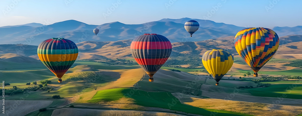 Fototapeta premium Hot air balloons fly over hills. Travel