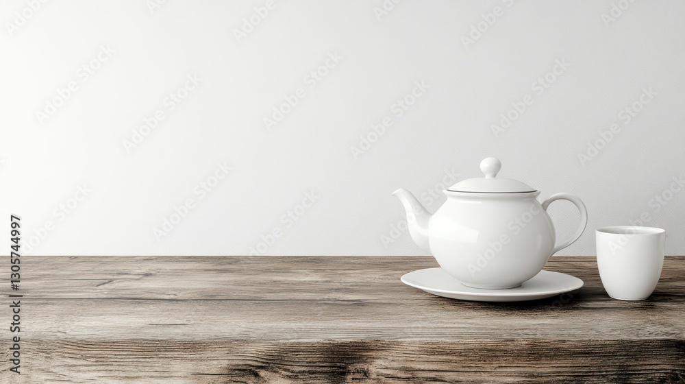 Serene Tea Time: White Teapot and Cup on Rustic Wooden Table Serene Tea Time: White Teapot and Cup on Rustic Wooden Table