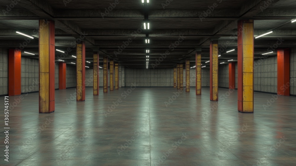 Fototapeta premium Vast Empty Underground Parking Garage with Orange and Yellow Pillars