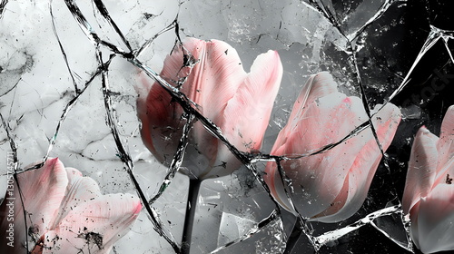 Broken glass texture with pink tulip petals, black and white contrast with splashes of color, dramatic lighting and raw texture