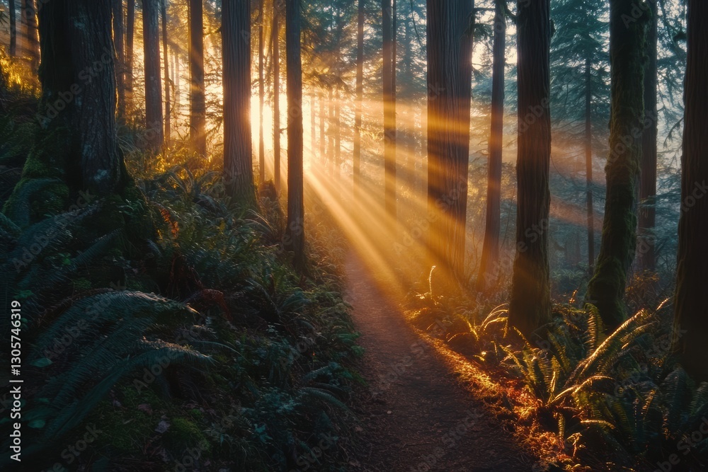 Obraz premium Sunlight filters through forest trees, illuminating a tranquil trail in nature.