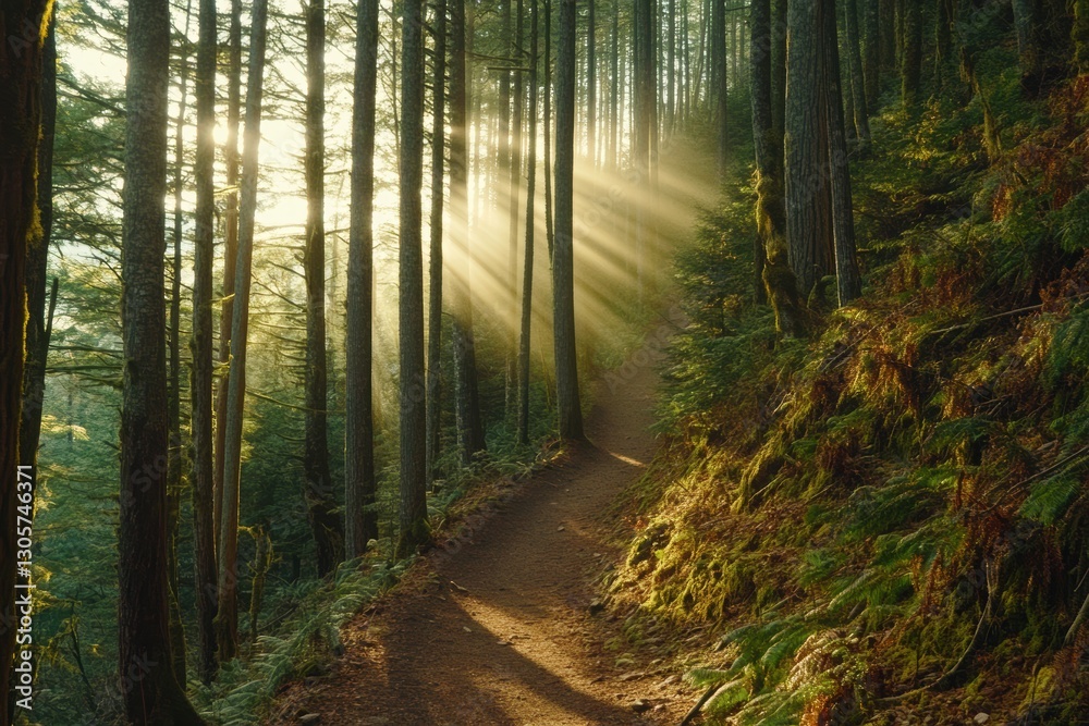 Obraz premium Sunlit forest path with trees lining the way, inviting exploration and tranquility.