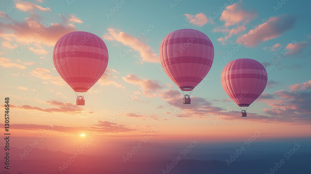 Obraz premium Three Hot Air Balloons Floating in a Scenic Sunrise Sky.