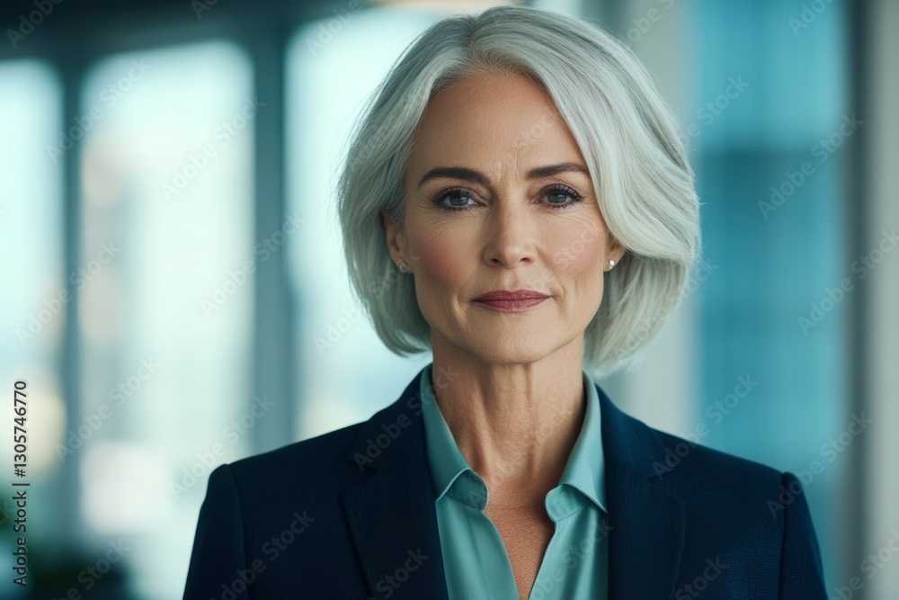 Fototapeta premium Woman in a suit and blue shirt with a serious expression