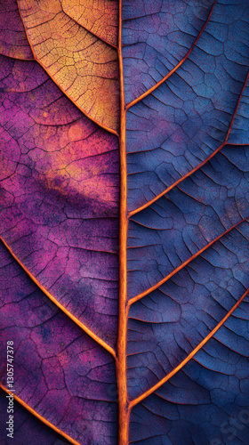 Vivid autumn leaf revealing delicate venation network, highlighting natural geometric complexity with rich color palette