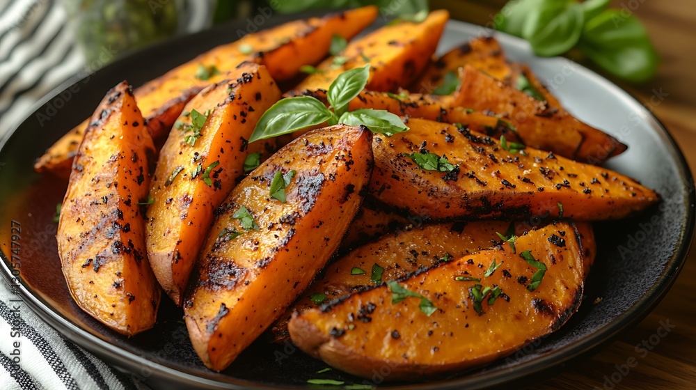 A plate of caramelized sweet potato fries with microgreens on the side, placed against a white marble background, shot from above in a close-up view to capture its vibrant orange color and crisp A plate of caramelized sweet potato fries with microgreens on the side, placed against a white marble background, shot from above in a close-up view to capture its vibrant orange color and crisp