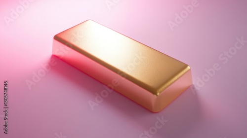A clean shot of a polished gold bar lying flat on a glowing pink background
