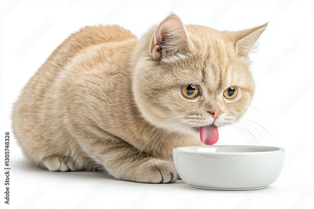 Cat is licking its paw in front of a white bowl Cat is licking its paw in front of a white bowl