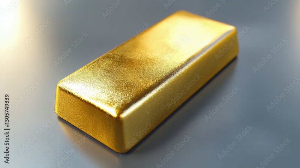 A highly detailed close-up of a gold bar lying on a neutral gray surface with subtle shadows A highly detailed close-up of a gold bar lying on a neutral gray surface with subtle shadows