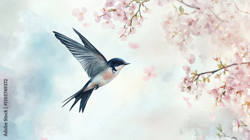 Obraz premium Beautiful Swallow bird in flight in a watercolor style. Blurred spring blooming trees and a light blue sky on a background.