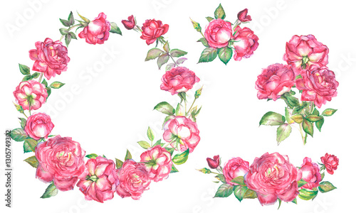 Fototapeta Naklejka Na Ścianę i Meble -  Watercolor illustration of pink rose.Round frame for decorating postcards, invitations. Floral decor. Wreath of roses