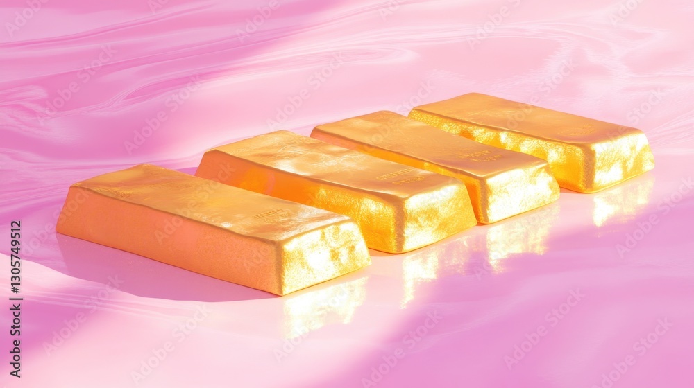 A luxurious display of gold bars arranged diagonally on a pastel pink surface with reflections A luxurious display of gold bars arranged diagonally on a pastel pink surface with reflections