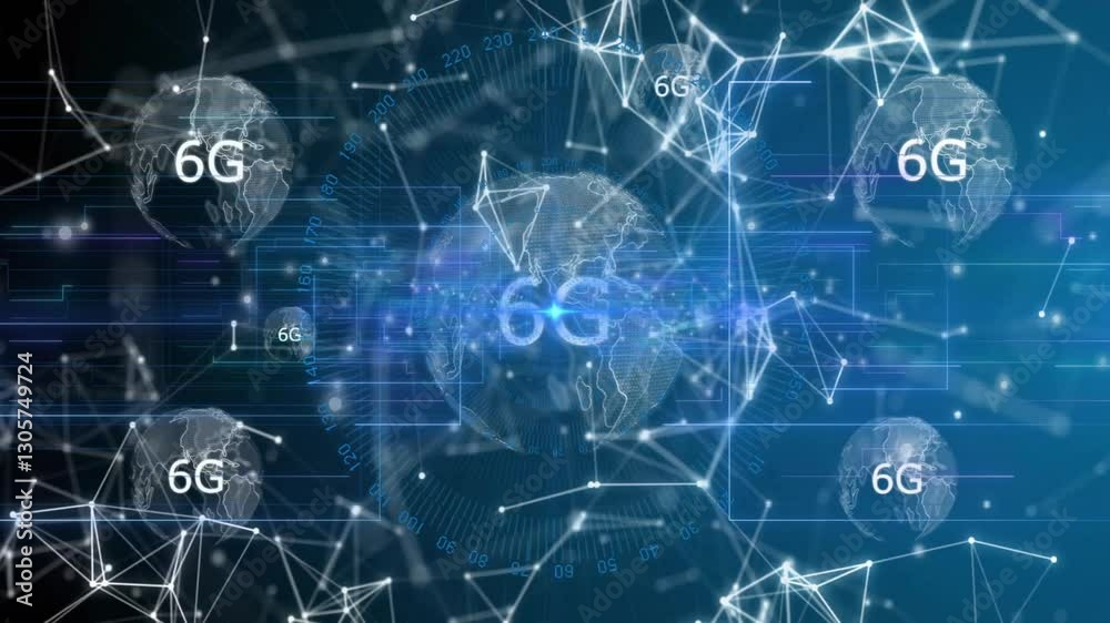 Animation of digital network connections and 6G technology with globe illustrations Animation of digital network connections and 6G technology with globe illustrations