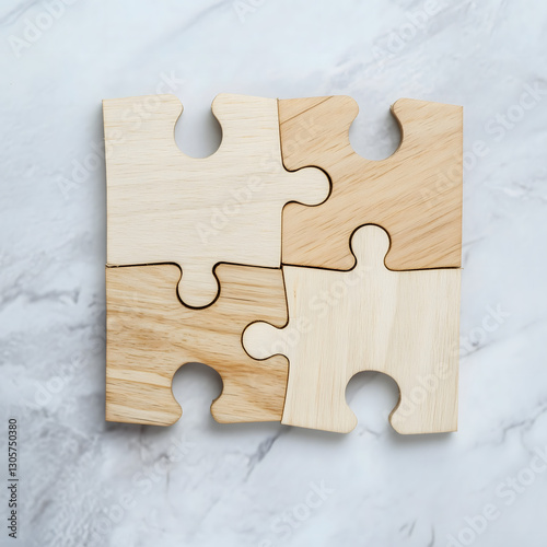 A close-up shot of four interlocking wooden puzzle pieces placed on a white marble background