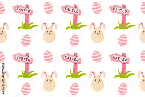 Easter pattern featuring bunny faces, pink eggs, and festive elements. Great for holiday wrapping and decorations.