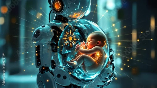 Futuristic robot guardian with glowing infant in artificial womb