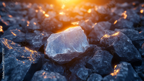 A close-up shot of raw metallic lithium ore with rugged, reflective surfaces symbolizing energy, technology, and innovation in modern industries, highlighting lithium's significance in the future of s photo