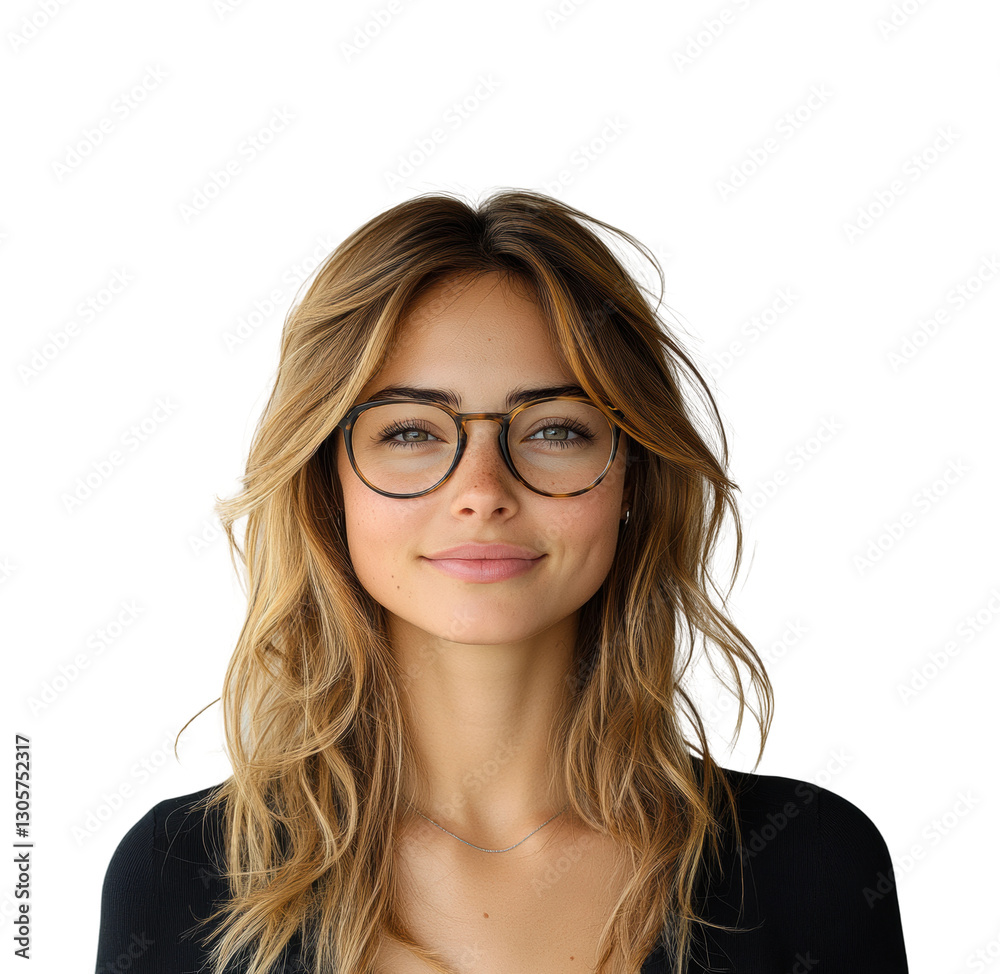 Confident woman with glasses portrait bright self-assured expression isolated on transparent background Confident woman with glasses portrait bright self-assured expression isolated on transparent background