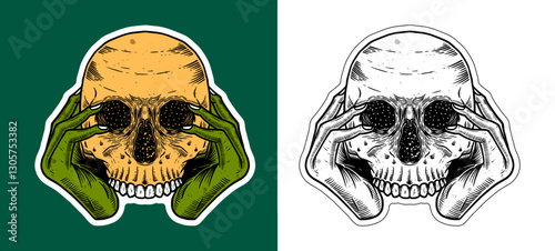 Skull with Hands Cartoon Sticker Illustration