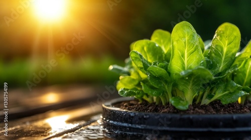 Healthy green plants with water droplets in the sunlight growing in small pots. Generative AI photo