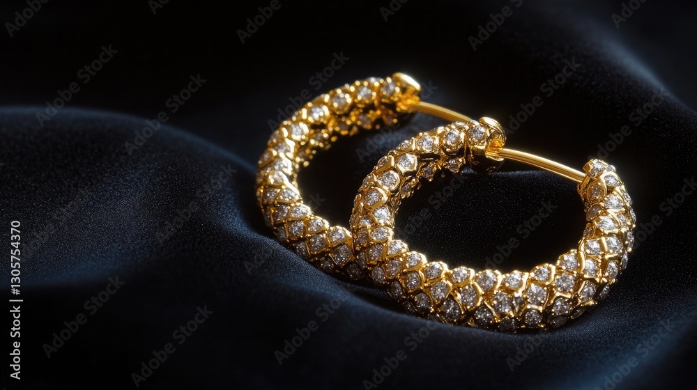 Fototapeta premium Close-up of gold hoop earrings with diamonds, delicately placed on a smooth black velvet backdrop to enhance contrast.