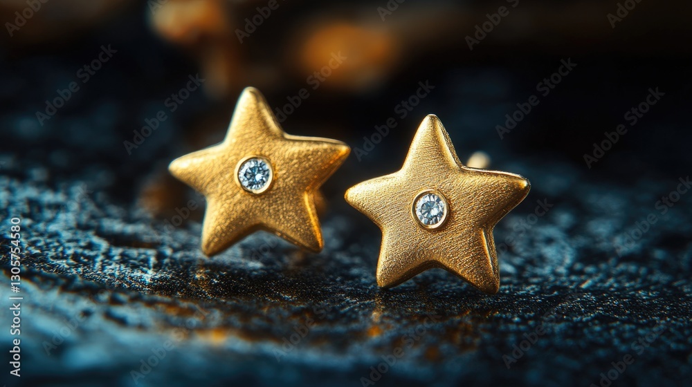 Close-up of gold star-shaped earrings with diamonds, positioned on a dark textured background. Close-up of gold star-shaped earrings with diamonds, positioned on a dark textured background.