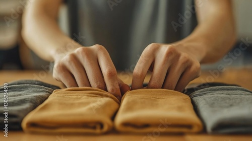 Close-up of a person folding and organizing clothes on a wooden table for storage or display. Generative AI photo