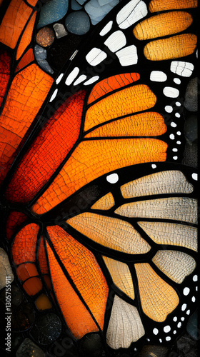 Vibrant orange and black monarch butterfly wing with intricate details and stained glass effect creates a captivating nature image