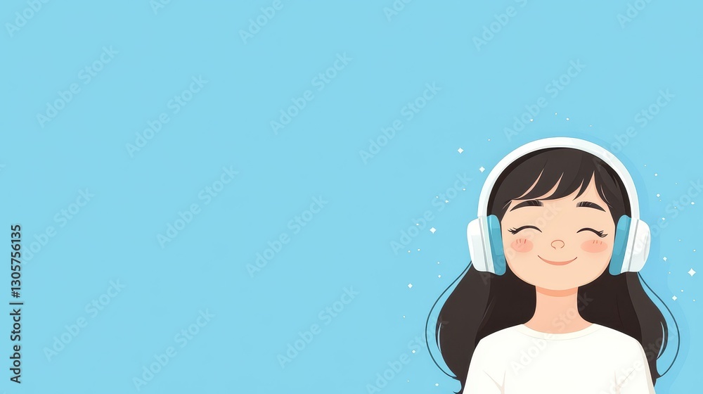 Vibrant illustration captures a girl immersed in music, headphones on, exuding pure joy and serenity in every detail. Vibrant illustration captures a girl immersed in music, headphones on, exuding pure joy and serenity in every detail.