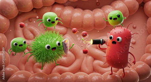 Immune System – Funny Illustration for Kids. 3d Rendered Cartoon of Good Bacteria Fighting Bad Bacteria in the Intestine