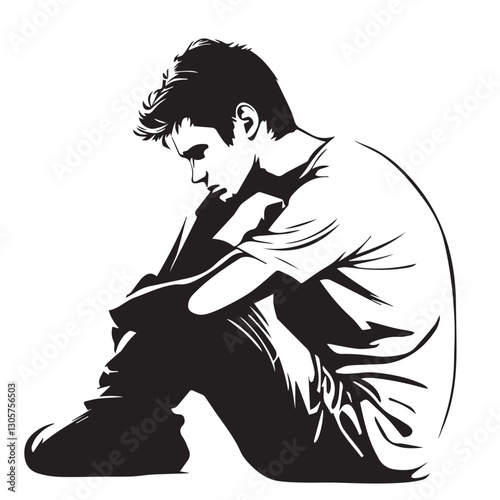 A Person Sitting with Head Down in Deep Thought