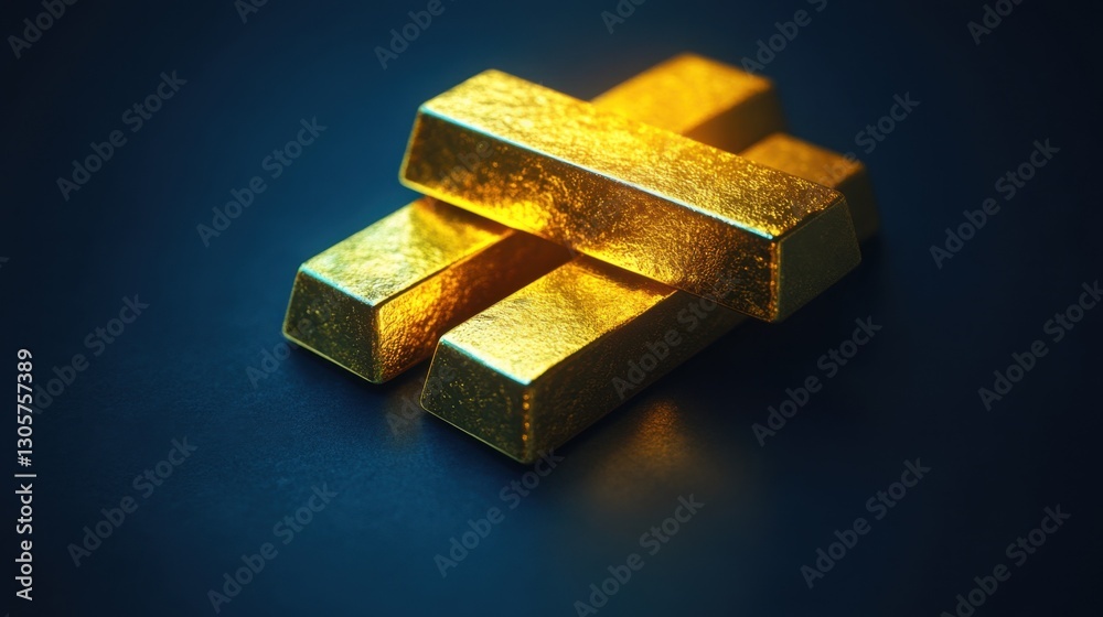 Gold bar gently leaning against another, creating a dynamic composition on a dark blue backdrop. Gold bar gently leaning against another, creating a dynamic composition on a dark blue backdrop.
