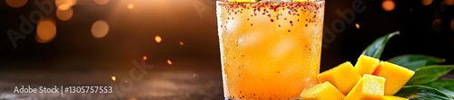 Spicy Mango Cocktail Served in a Glass with Mango Chunks and Chili Flakes. Generative AI photo