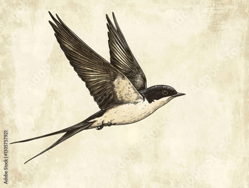 A vintage-style illustration capturing a swallow bird in mid-flight. The background is subtly aged, enhancing the antique aesthetic and highlighting the graceful motion of the swallow. 