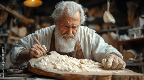 A carpenter working with a miter saw to make angled cuts for a wooden project

