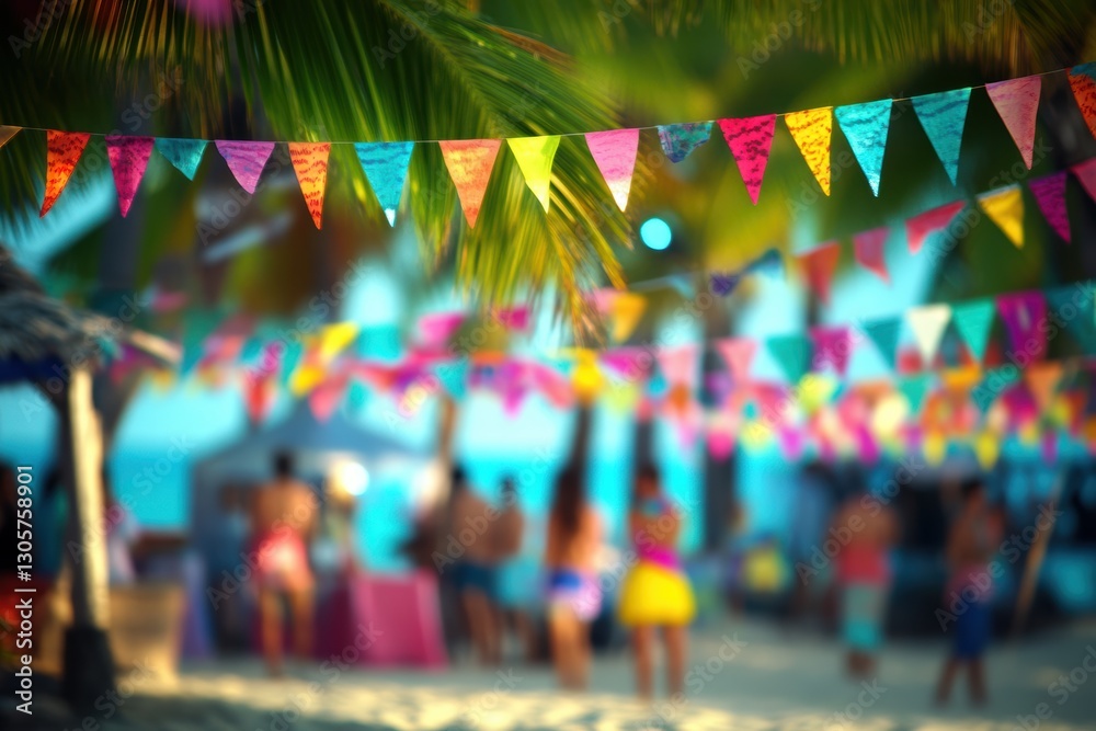 custom made wallpaper toronto digitalColorful flags hang from a palm tree on a sunny beach, creating a vibrant tropical scene.