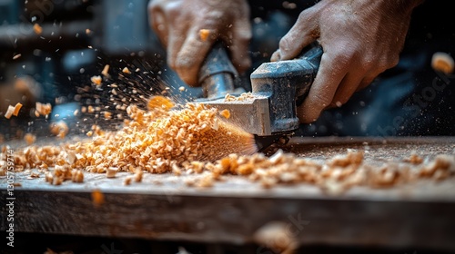 A carpenter working with a miter saw to make angled cuts for a wooden project

