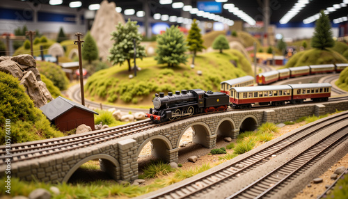 Intricate model train set navigating scenic landscape, exhibition delight