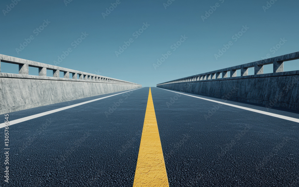 Fototapeta premium long, empty road stretches into distance, flanked by concrete barriers under clear blue sky