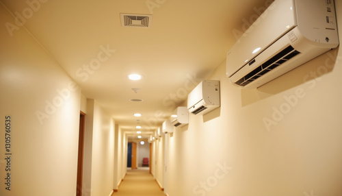 Aligned mini-split air conditioners in warm-lit hallway  indoor comfort